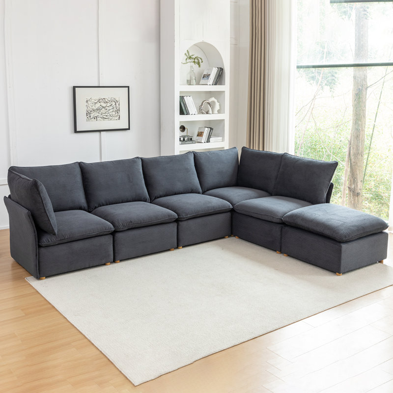 Canapé modulaire en velours côtelé avec repose-pieds Hepworth, Velours côtelé gris