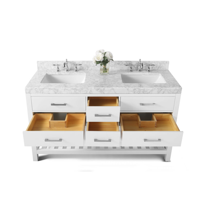 Elizabeth 60'' W Double Vanity, White/Brushed Nickel, Carrara White Marble