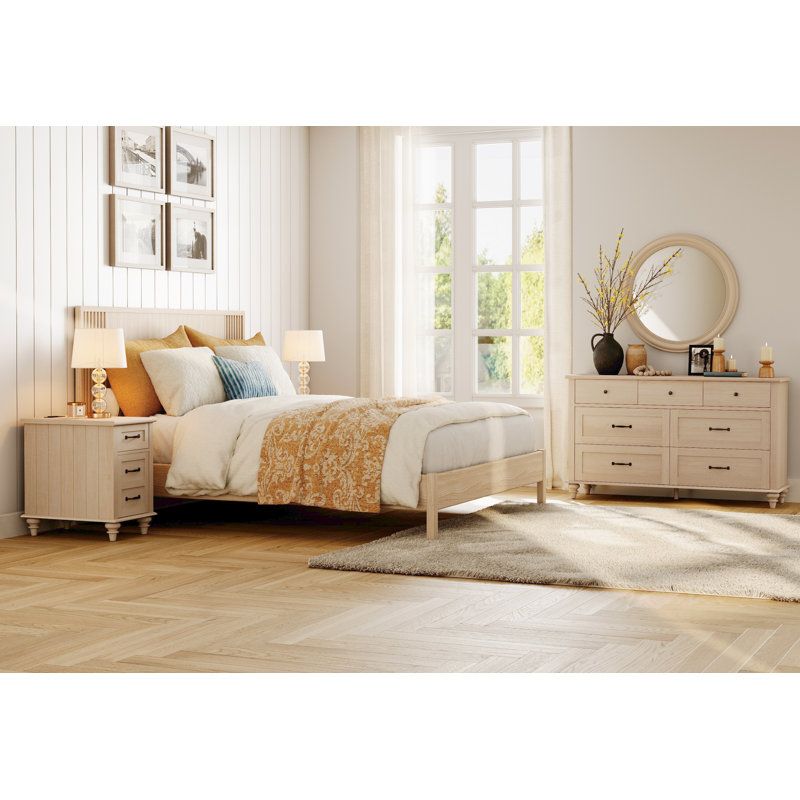 Ensemble de chambre à coucher de 3 pièces Scarlett, Beige, Commode, tables de chevet 15 po
