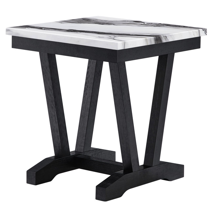 Table de bout carrée noire et blanche, plateau en faux marbre, base à double piédestal, côté en forme de V, fabrication, bois massif +, 22 po de largeur, 23,5 po de hauteur, table moderne avec blanc, hauteur, 25,3 lb, profondeur