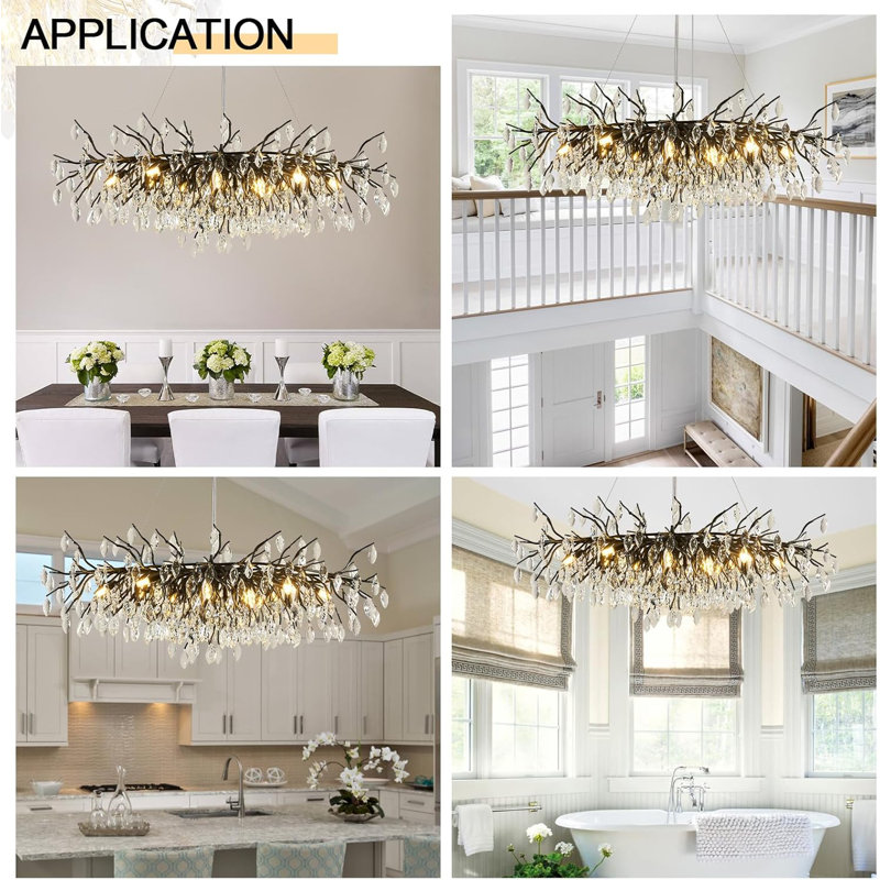 Modern Black Crystal Pendant Branch Chandelier, 47.2 Inch Rectangular Metal Frame Pendant Lighting, 13-Lights, Matte Black
