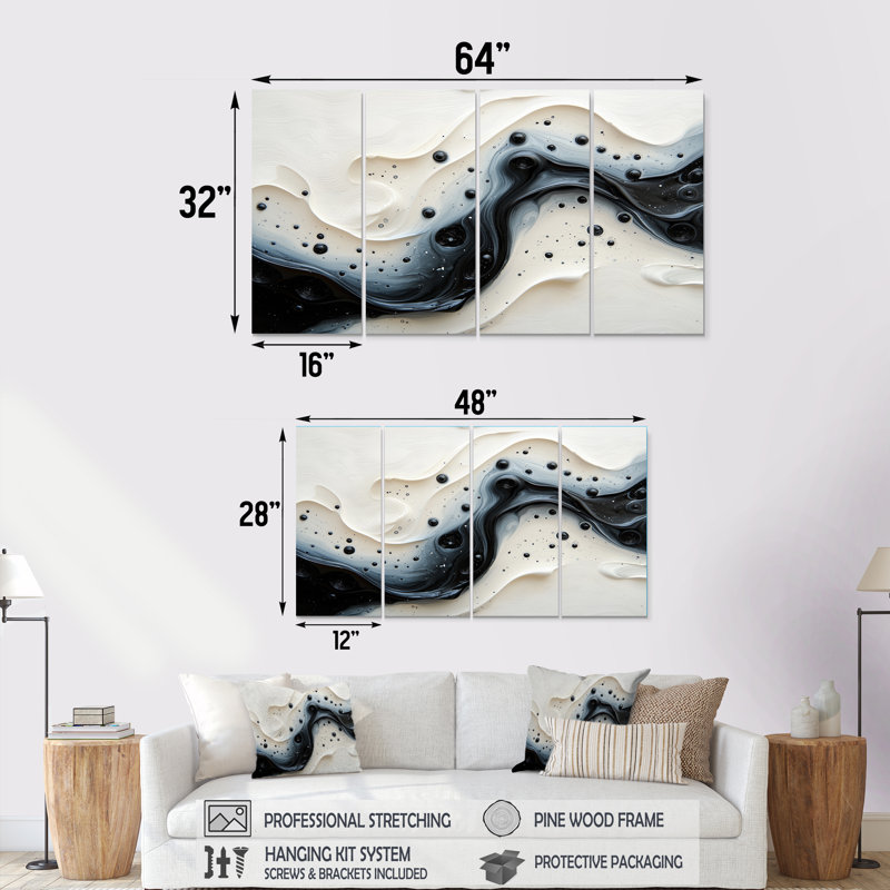 Vague noire et blanche, rivière rythmique VI - goutte d'eau, décoration murale - art mural moderne, 4, H 28 po x l 48 po
