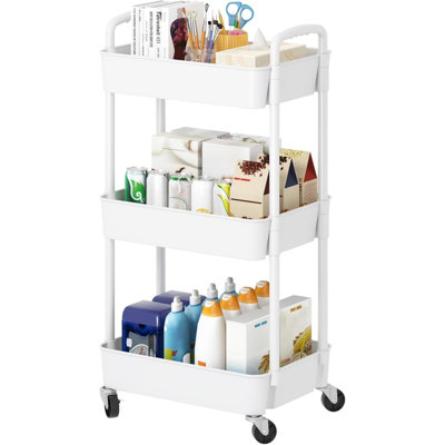3-Tier Rolling Cart With Wheels,Multifunction Utility Storage Carts, Kitchen Storage Organizer,Mobile Shelving Unit For Bathroom,Laundry,With Classified Stickers,White