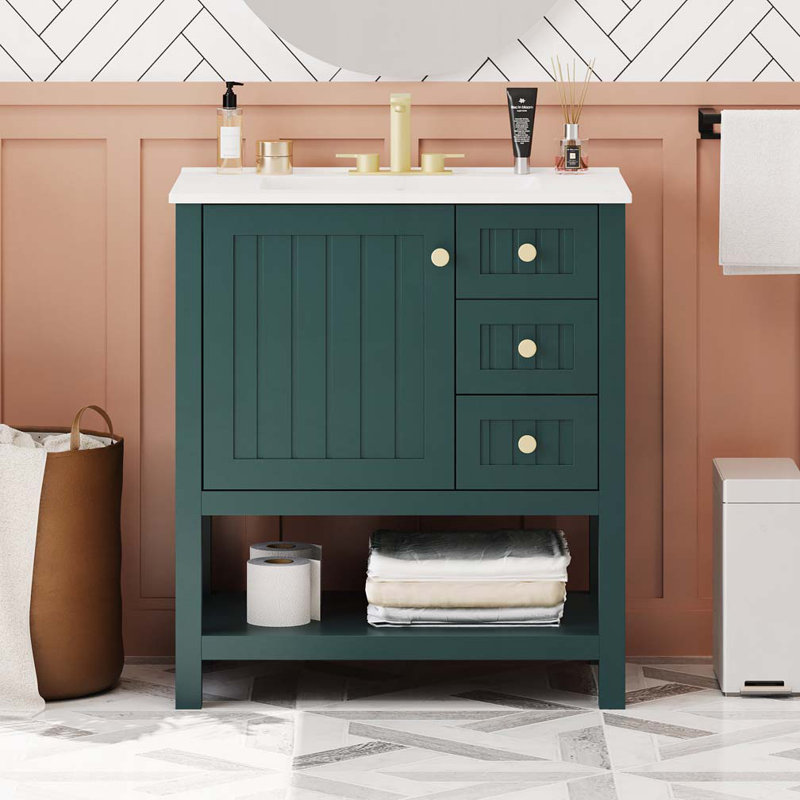Bathroom Vanity with Ceramic  Sink,  2 Drawers, Green