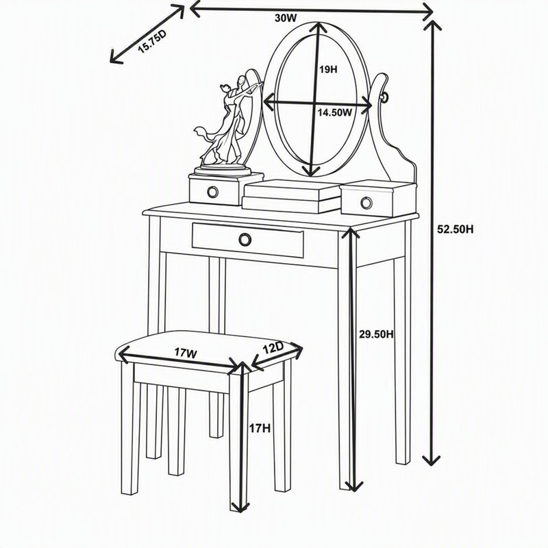 Ensemble de coiffeuse en bois avec table et tabouret, coiffeuse à 3 tiroirs et miroir ovale réglable, ensemble de coiffeuse complet