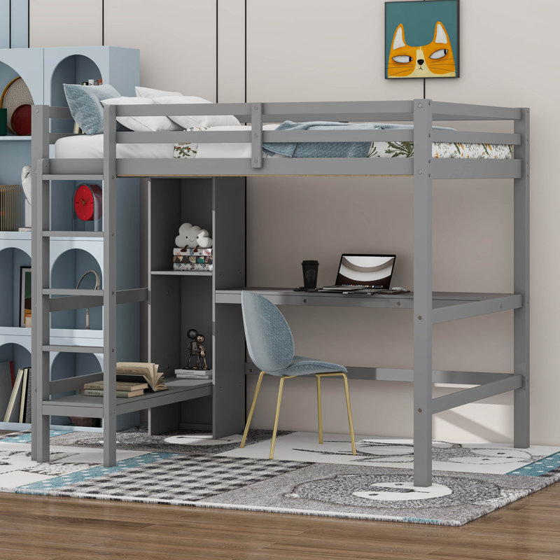 Lit mezzanine double avec bureau intégré sous le lit et tablettes multifonctionnelles, Gris