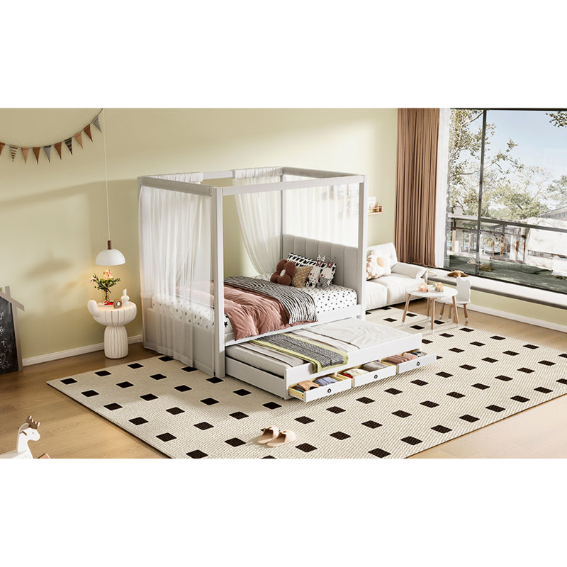 Lit plateforme simple à baldaquin avec lit gigogne et rangement à 3 tiroirs en tissu beige doux, Lit simple