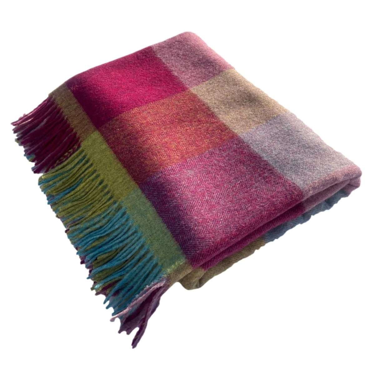 Merino Lambswool Throw/Blankets Hand Woven Blanket, Red/Purple Patchwork