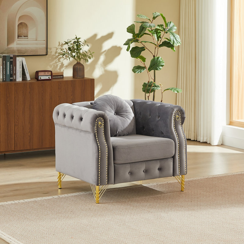 Canapé Chesterfield en velours avec coussins ronds, Gris