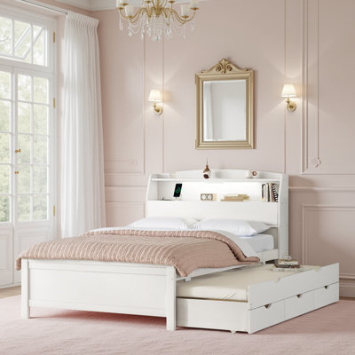 Modern Trundle Platform Bed With LED Light and Bookcase
