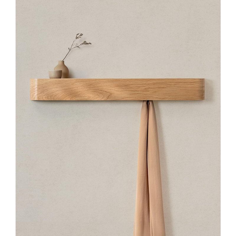 Porte-manteau mural avec tablette, 8 crochets dissimulés, placage en bois massif, organisateur d'entrée moderne en chêne