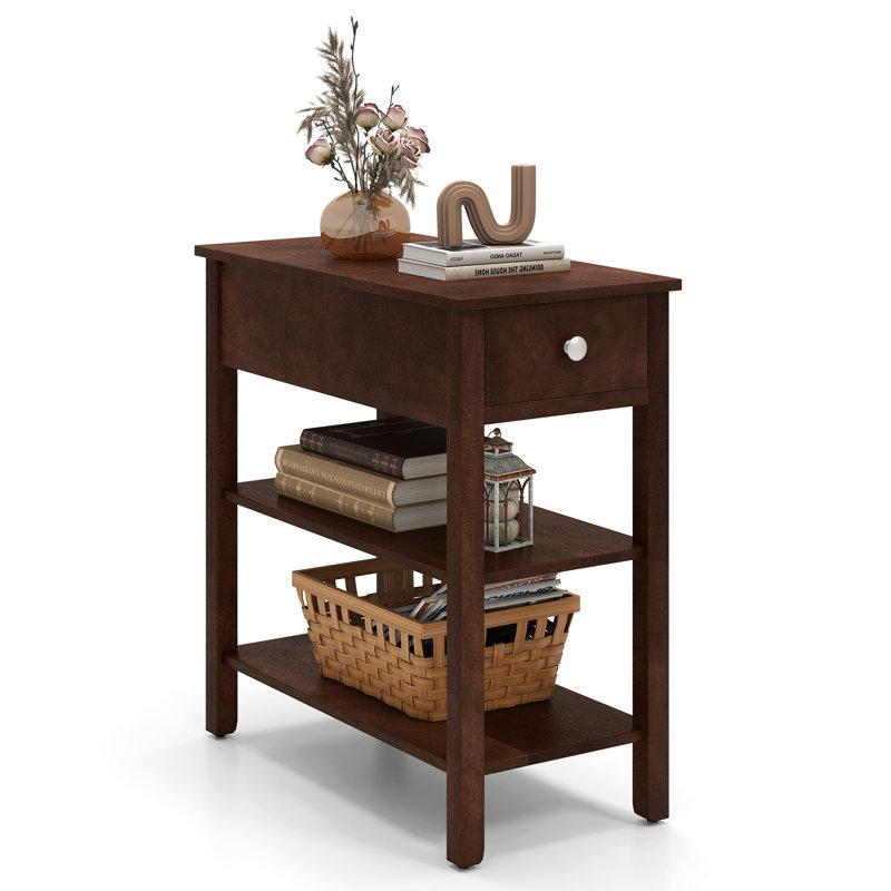 Narrow End Tables w/Drawer Shelves & Rubber Wood Legs Sofa Side Table Walnut, Walnut
