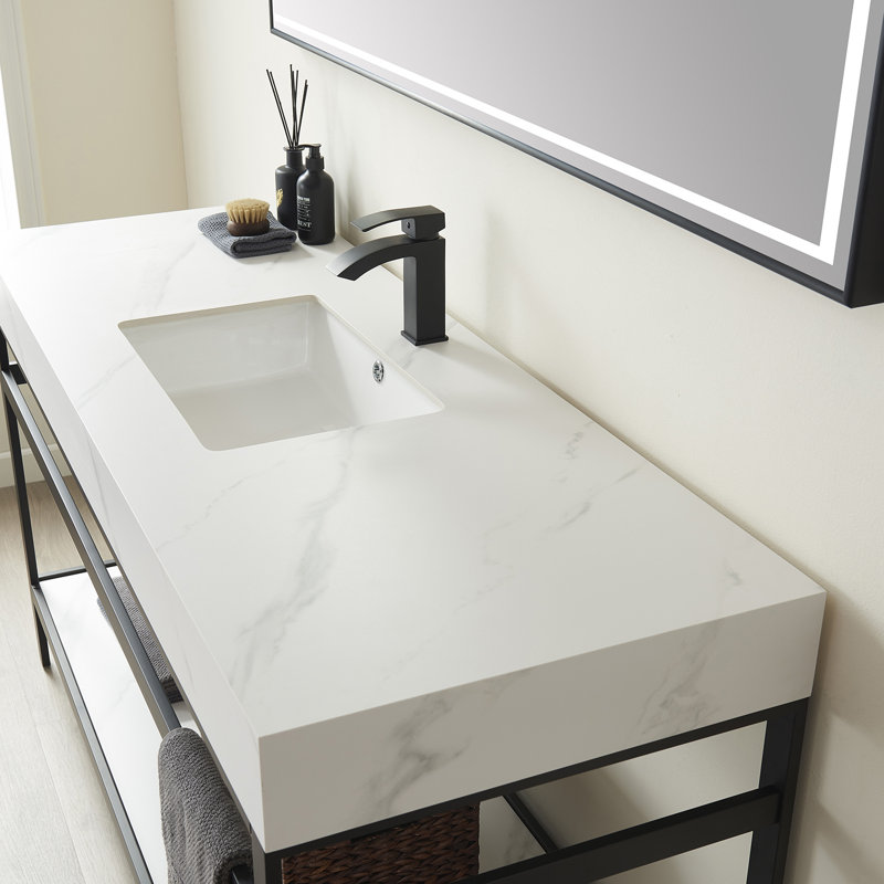 Funes 60" Matte Black and White Single Bathroom Vanity with Stone Top
