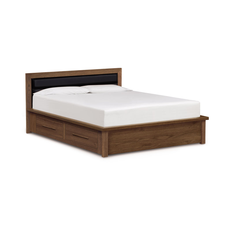 Lit plateforme tapissier Modoluxe, Grand, Blanc, Classique / naturel noyer