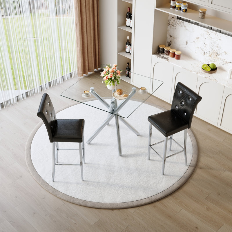 Ensemble de 2 tables de bar et tabourets de bar à hauteur fixe en verre Modern, Blanc, Noir