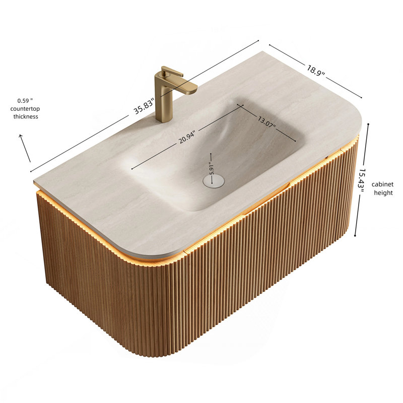 36'' Bathroom Vanity&Sink, Floating Curved Edges Striped Cabinet With Drawer, Sensor Light, Travertine-Pattern Sintered Stone Hot-Bent Integrated Basin, Pre-Assembled, Natural Woodgrain Color