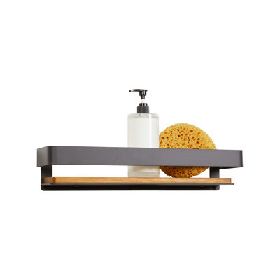 Clet Wall Mount Stainless Steel Teak Wood Rectangular Bathroom Shelf