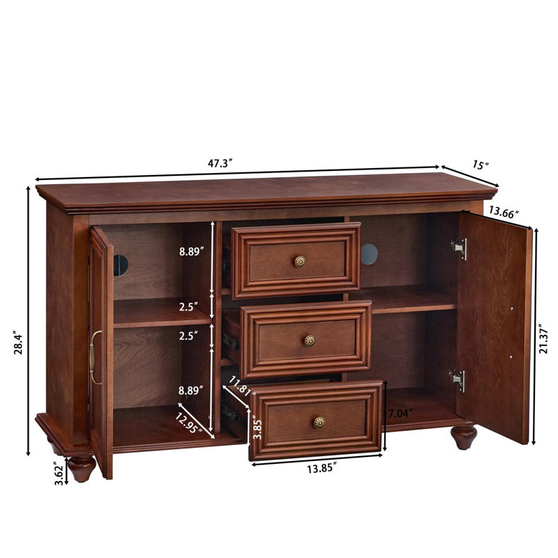 47.3'' Mid-Century Modern Sideboard Buffet Cabinet with 2 Doors, 3 Drawers and Adjustable Shelves, Walnut