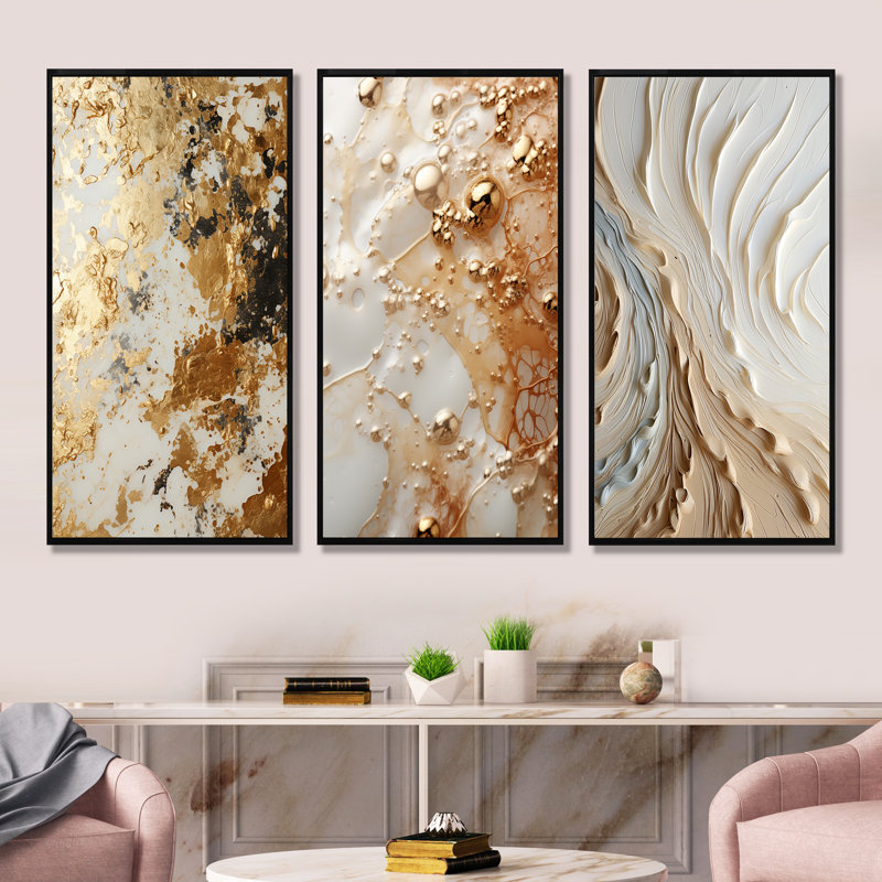 Blanc et or champagne Flow I - ensemble de 3 décorations murales champagne, Cadre flottant noir, H 32 po x l 48 po