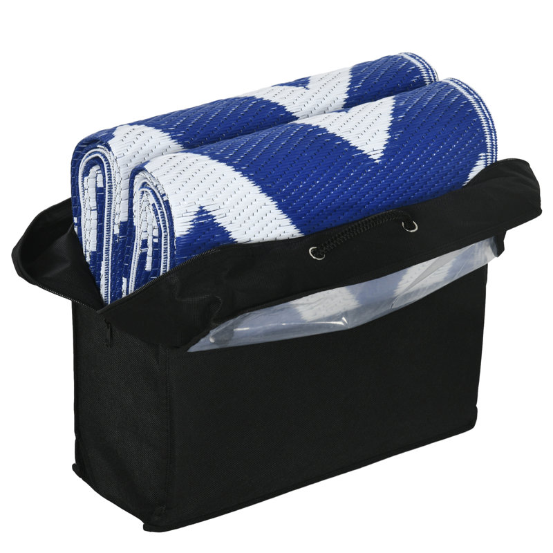Geometric Reversible Outdoor Rug with Carry Bag, 182 x 274 cm, Blue & White