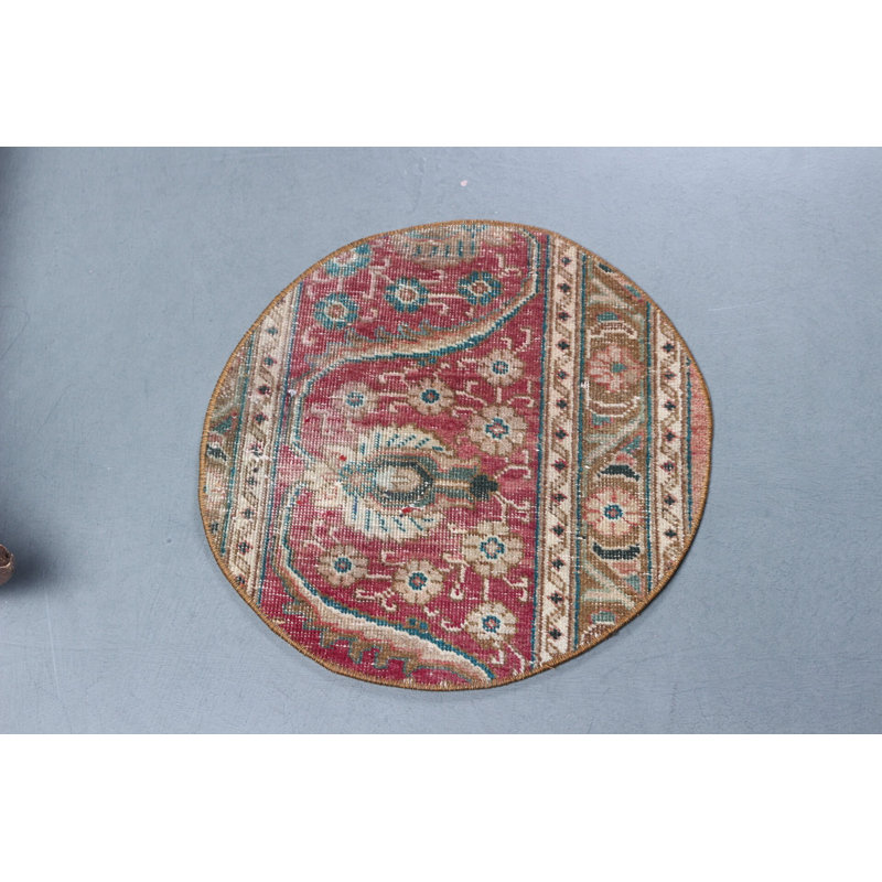 Tapis de porte rond turc avec un motif rétro rouge et beige avec des motifs floraux pour une décoration intérieure élégante