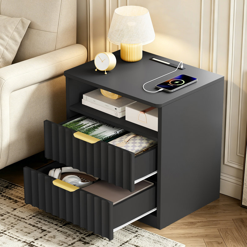 Nightstand Set of 2, With Charging Station And Led Light, 2 Storage Drawer And Open Shelf, Modern Bedside Table For Small Space, For Bedroom, Living Room, Blak