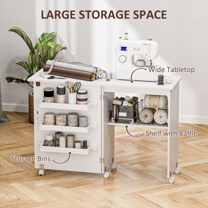 Folding Sewing Table Mobile Sewing Machine Cabinet with Shelf White