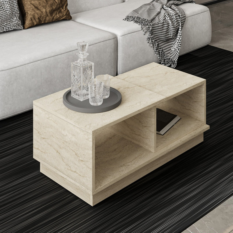 Modern Coffee Table with Numerous Shelves, Travertine Color, 35.4 x 14.2 x 14.2 inches | 100% Melamine Coated Particle Board, Thickness: 0.7 inches | Stylish Storage Solution for Living Room, Elegant Marble Design