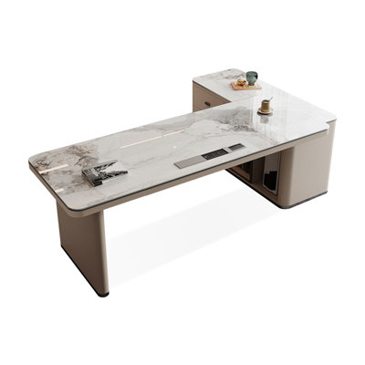 White+Beige Rectangular Stone+Manufactured Wood with 3 drawers desk