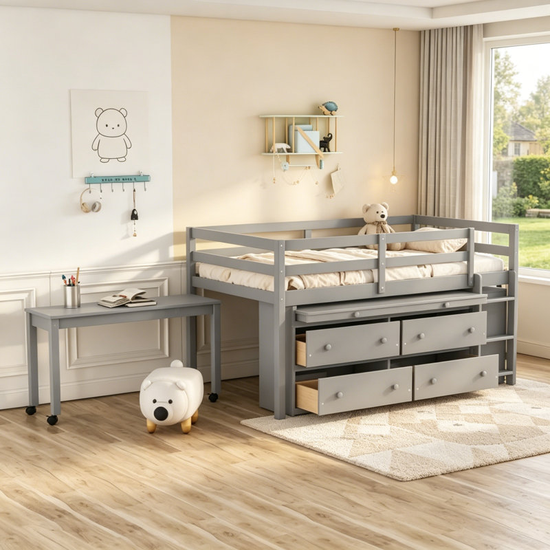 Lit mezzanine multifonctionnel en pin massif avec 4 tiroirs de rangement, bureau latéral rétractable et tablettes latérales ouvertes, barrières de sécurité complètes, livré en 2 paquets Assemblage facile