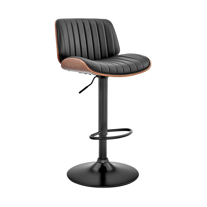 Jaqwon Dark Gray Brown And Black Iron and Faux Leather Adjustable Height Swivel Bar Chair, Black/Walnut
