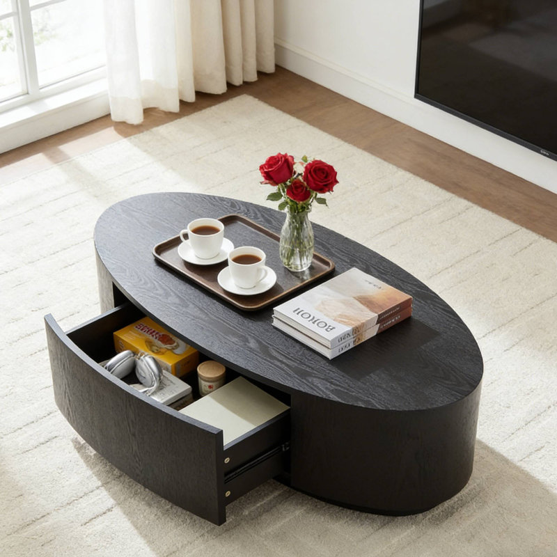 Matte Black Oval Coffee Table, 47.24" MDF Center Table With Drawer For Living Room Apartment Lounge, Black