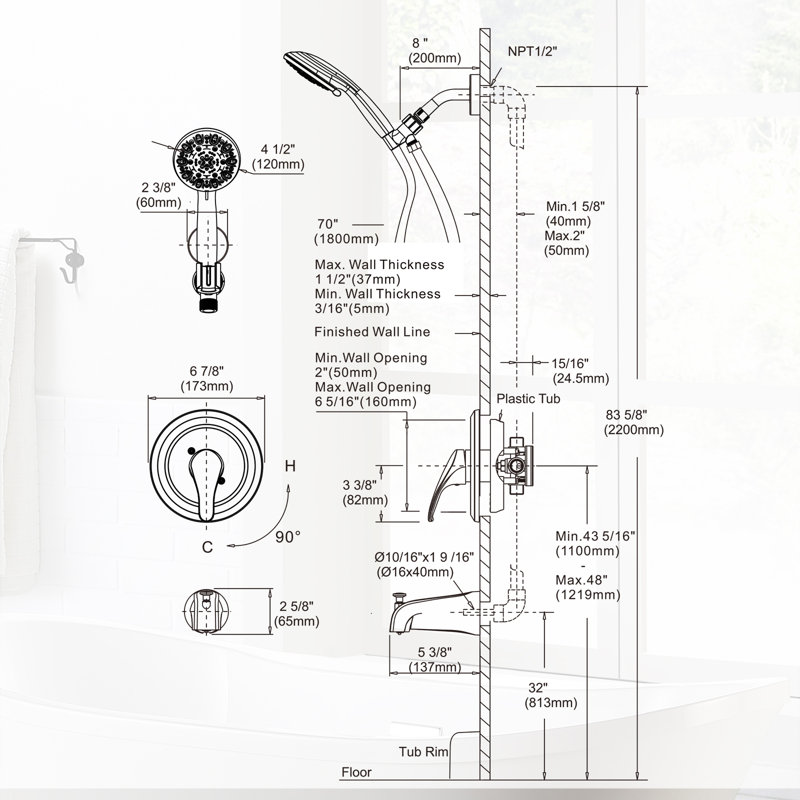Robinet de baignoire et douche à poignée simple à 7 jets 1,8 gallons par minute, Nickel brossé