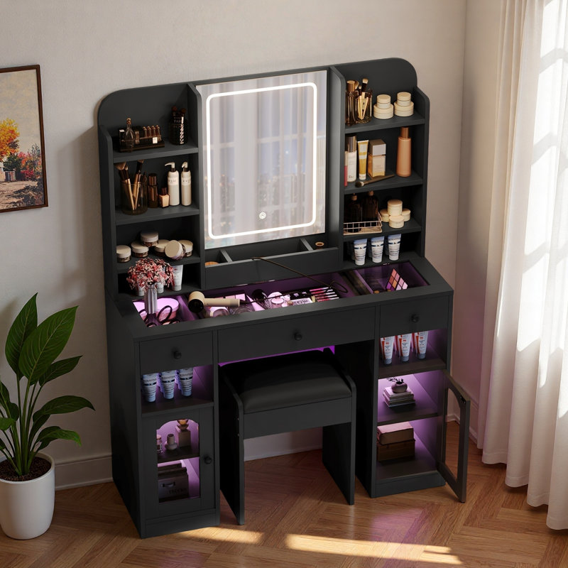 Bureau de coiffeuse avec miroir à DEL, plateau en verre, 3 tiroirs, tablettes de rangement et tabouret, Noir