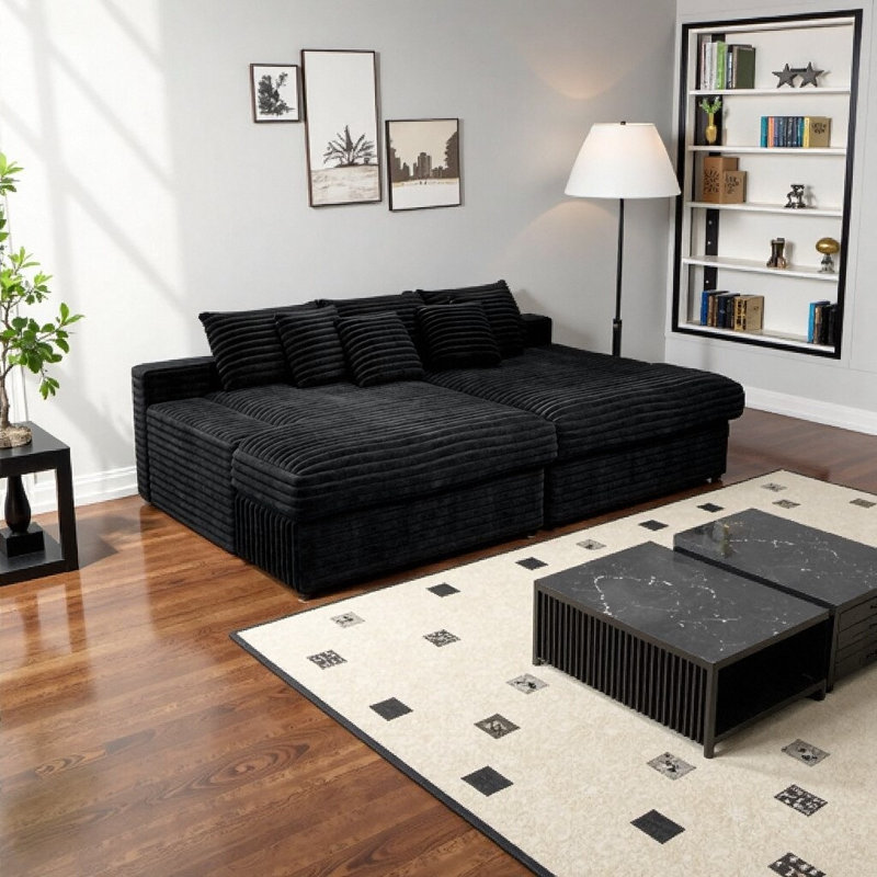 Canapé modulaire moelleux en velours côtelé 4 places, sans assemblage, noir (L 118 po x l 67 po), Velours côtelé noir