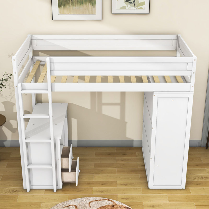 Helfrid 2 Drawer Loft Bed with Built-in-Desk, White, Twin