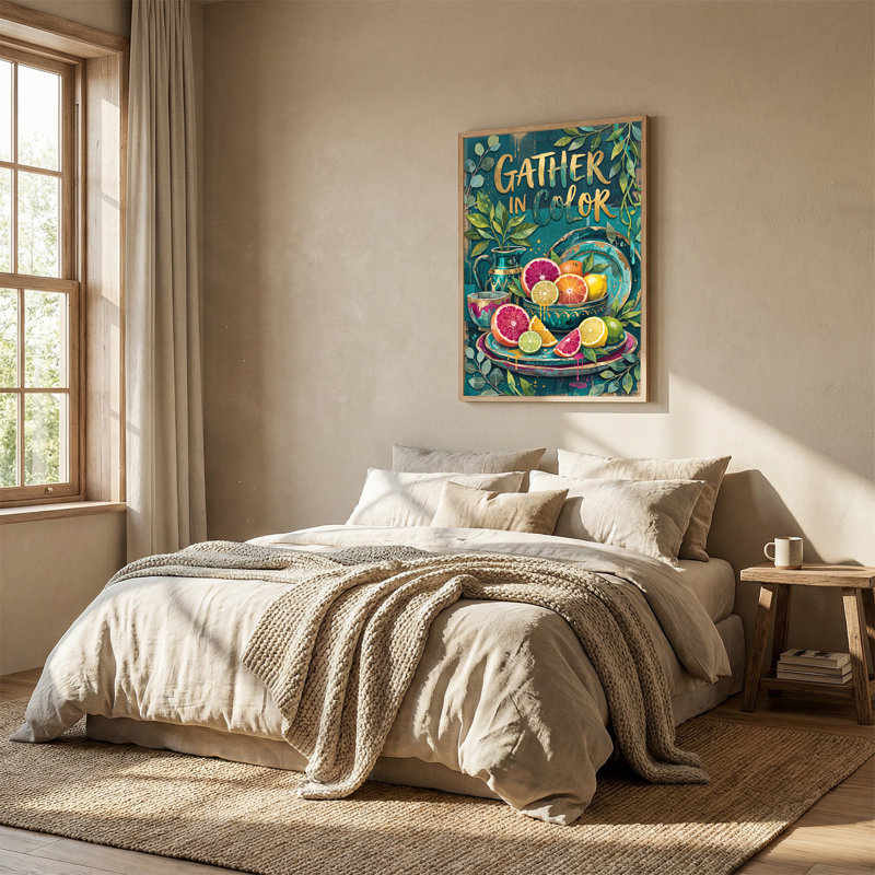 Art mural sur toile fond de tranches d'agrumes et de texte doré sur fond sarcelle, H 48 po x l 32 po