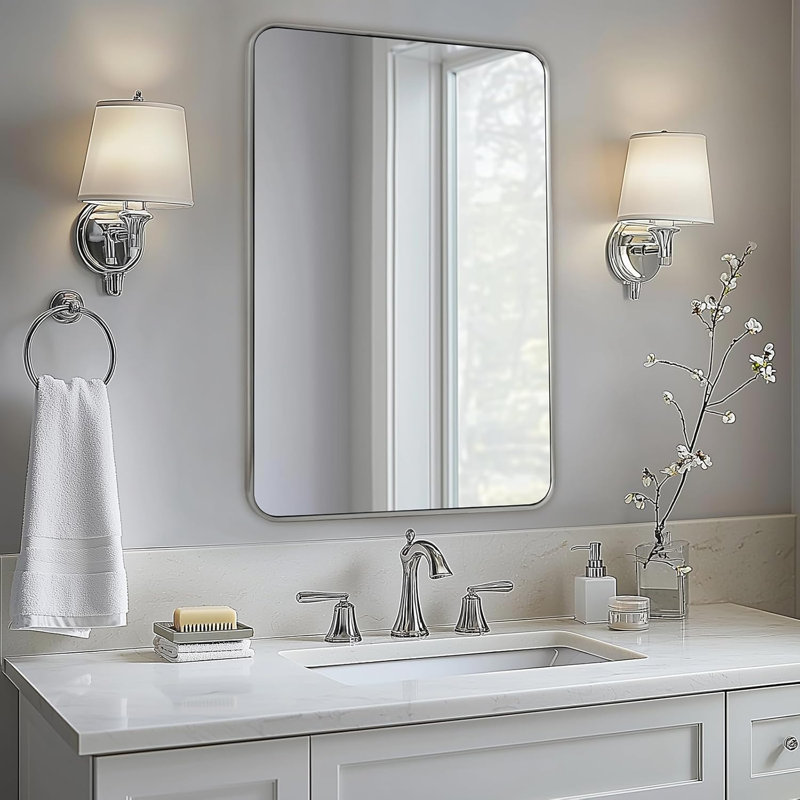 Miroir de salle de bain moderne et arrondi rectangulaire | Structure en U en acier inoxydable, Nickel brossé, 36 po x 24 po