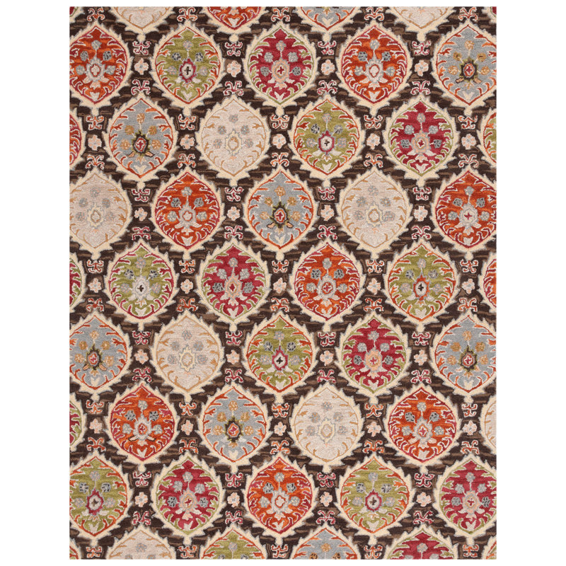 Tapis rouge / vert en laine et coton touffeté à la main Roshanta, Rectangle 8 pi x 10 pi
