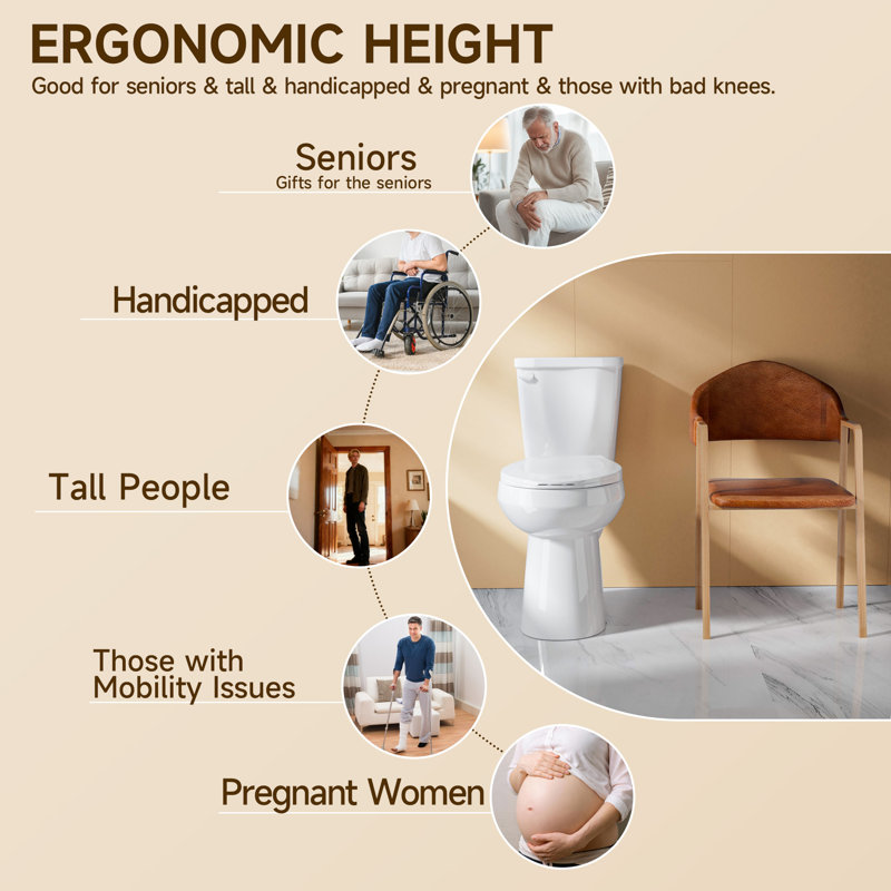 Compact Tall Toilet 19" ADA Comfort Height for Seniors, 1.28 GPF Single Flush Two Piece Toilet White, MAP 1000g, Glossy White