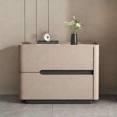 Khaki Solid Wood Bedside Table With , 2 Large Drawer No-assembly Required Nightstand For Bedroom