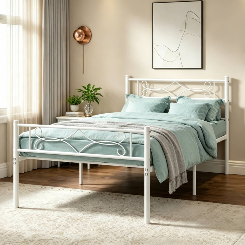 Structure de lit simple avec lit plateforme et tête de lit en métal, sommier sans sommier, Lit simple, Blanc