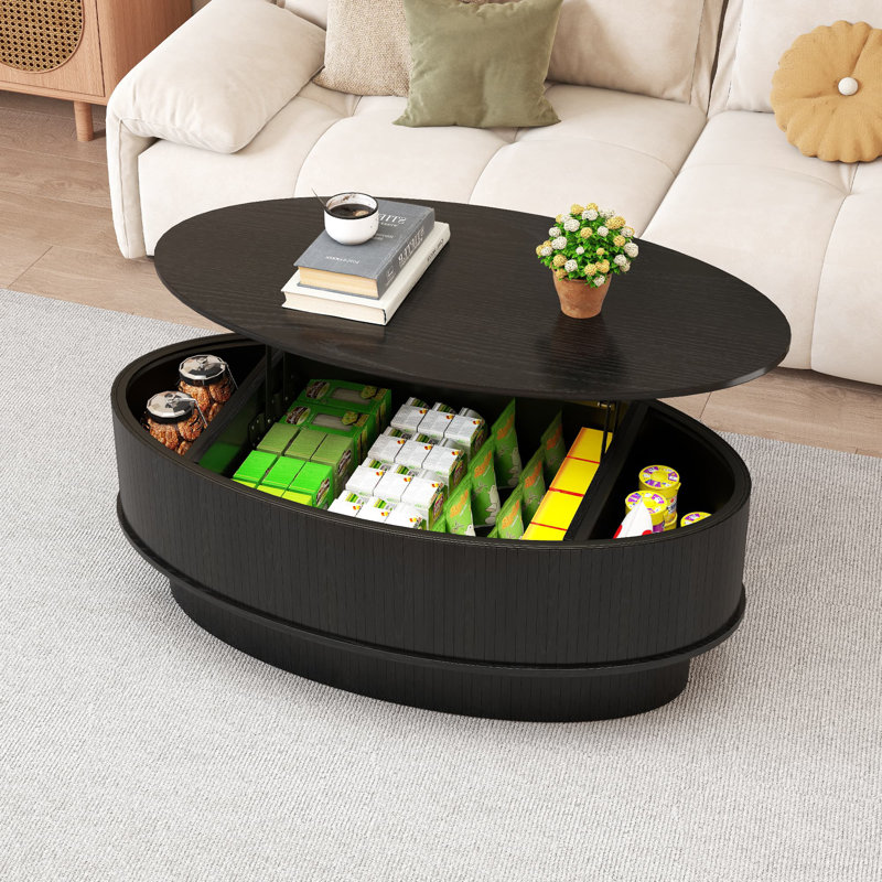 41 Inch Oval Lift Top Coffee Table With Storage, Small Center Table With Lifting Top For Living Room, Black