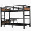 Lit superposé simple TG au-dessus de simple TG / lit mezzanine en métal, lits superposés séparables, avec clôture de sécurité surélevée, couleur noyer-300675848
