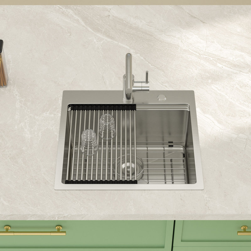 Évier de cuisine encastrable L 21 po x l 20 po avec robinet, évier de cuisine à simple cuve en acier inoxydable avec support à enroulement, grille d'évier et planche à découper