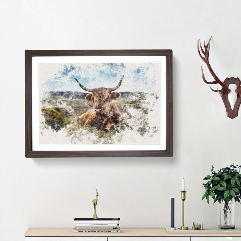 A Resting Highland Cow Watercolour - Single Picture Frame Print on MDF, 62cm H x 87cm W x 2cm D, Walnut Framed