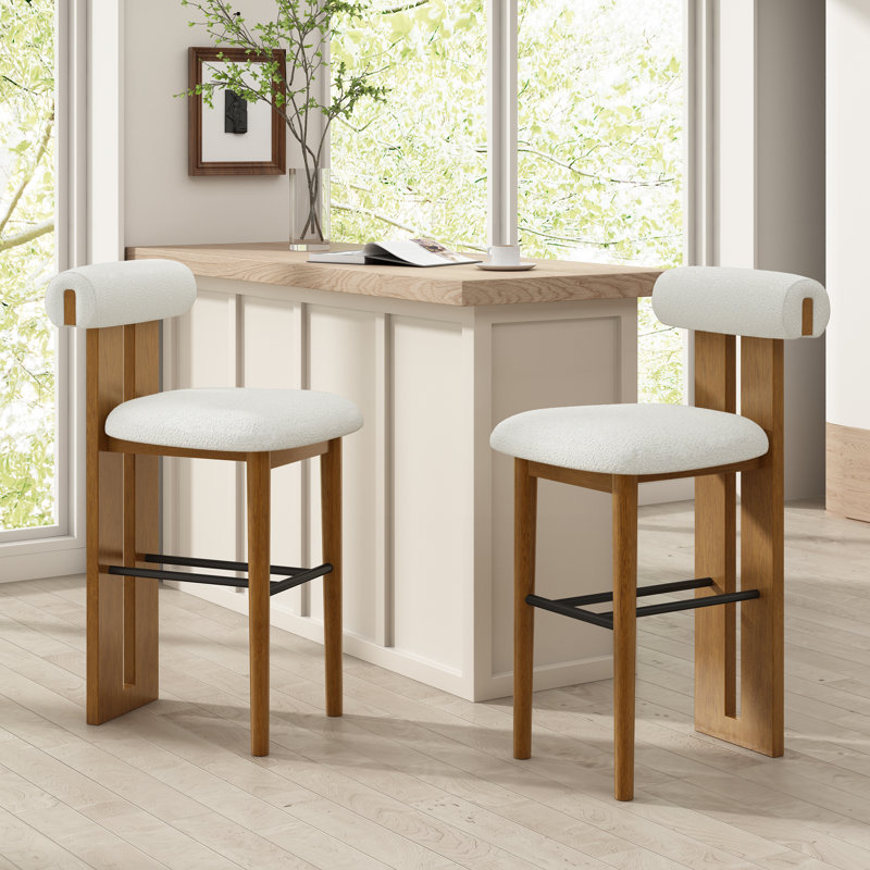 Cianciulli 29.5” Seat Height Upholstered Bar Stools With Rubberwood Frame, White Boulce, 2