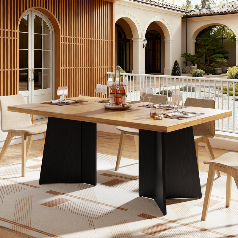 Table de salle à manger de 63 po pour 6 à 8 personnes, table de cuisine avec plateau de table très épais et pieds robustes, table de salle à manger rectangulaire moderne pour cuisine, salle de conférence, maison, naturel et noir