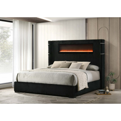 Queen Bed with Fireplace, LED Lighting, and Integrated Bluetooth Audio