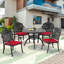 Ensemble de salle à manger d'extérieur rond 4 personnes 39,37 po avec trou pour parasol, 4 chaises empilables avec coussins rouges